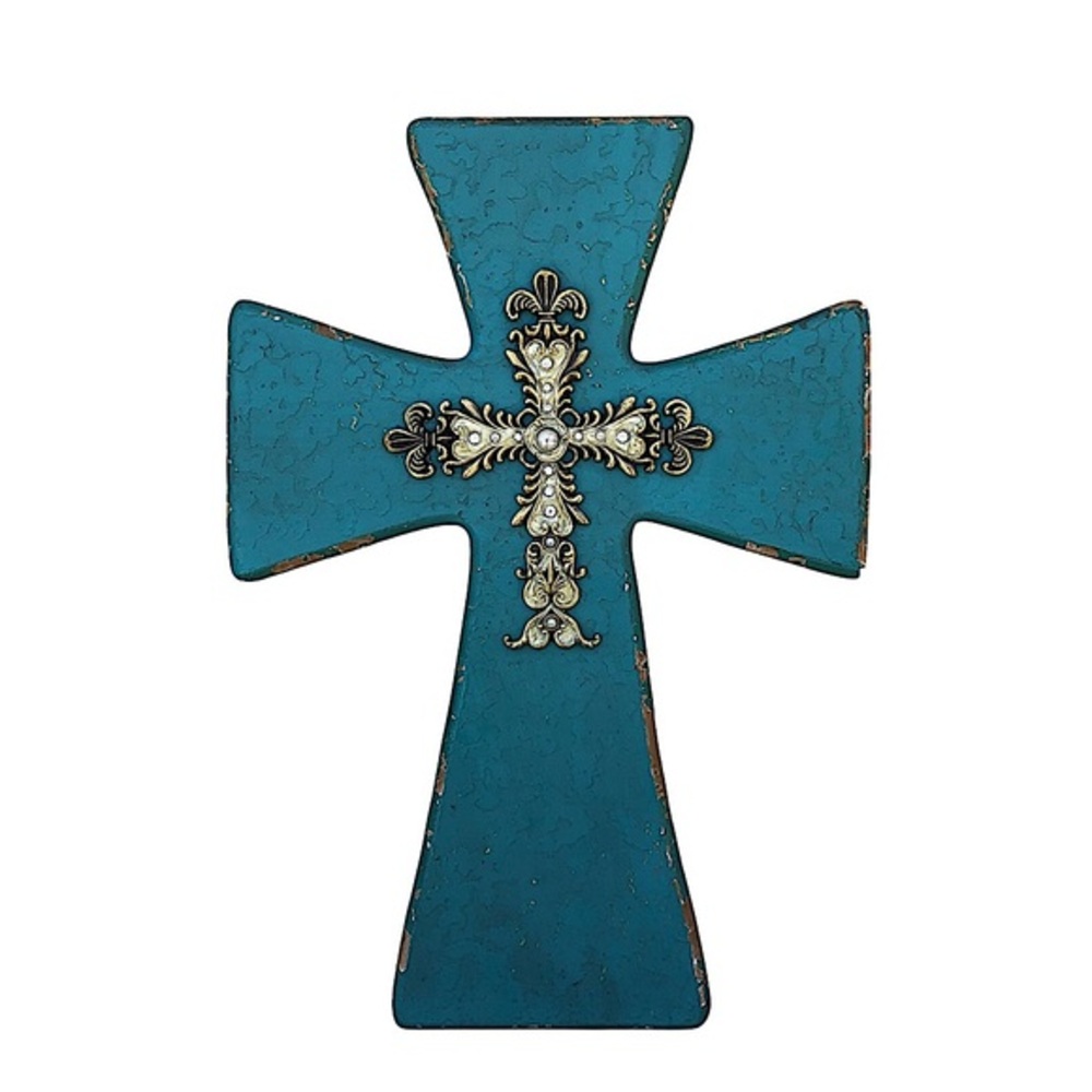 Rustic Distress Embellished Western Turquoise Faux Wood Cross Wall Decor